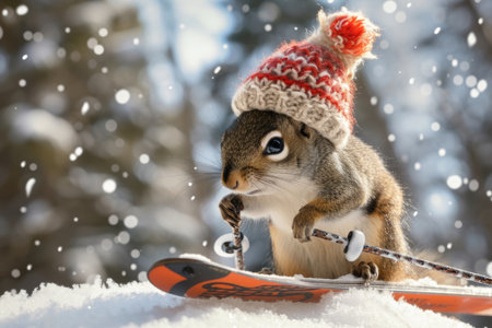 A cheerful squirrel, sporting a knitted cap, enjoys a day of skiing in the winter wonderland.の素材