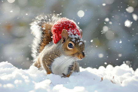 A merry squirrel in a knitted cap adds a touch of whimsy to a day of skiing in the snow.の素材