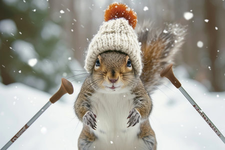 A cheerful squirrel, sporting a knitted cap, enjoys a day of skiing in the winter wonderland.の素材