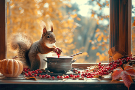 A cheerful squirrel in autumn, joyfully prepares homemade berry jam from freshly harvested berriesの素材