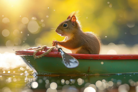 A joyful squirrel embarks on a summer boat adventure, paddling with glee.の素材