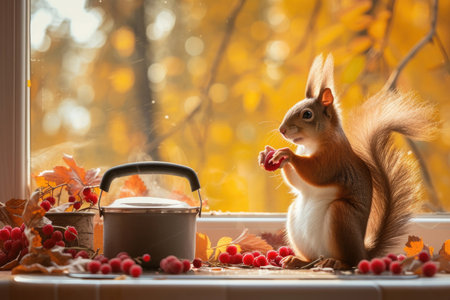 A cheerful squirrel in autumn, joyfully prepares homemade berry jam from freshly harvested berriesの素材