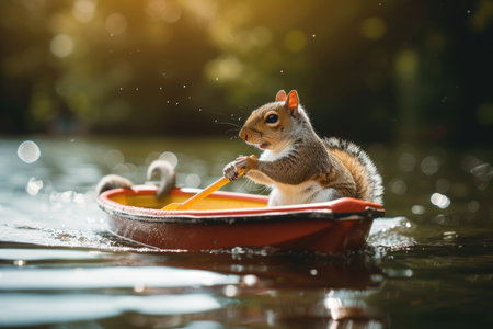 A joyful squirrel embarks on a summer boat adventure, paddling with glee.の素材