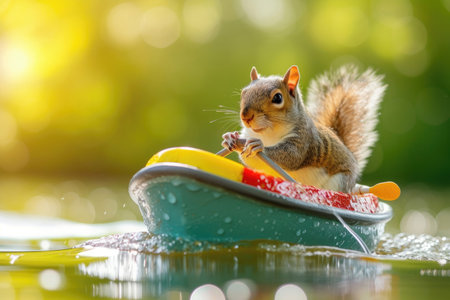 A joyful squirrel embarks on a summer boat adventure, paddling with glee.の素材