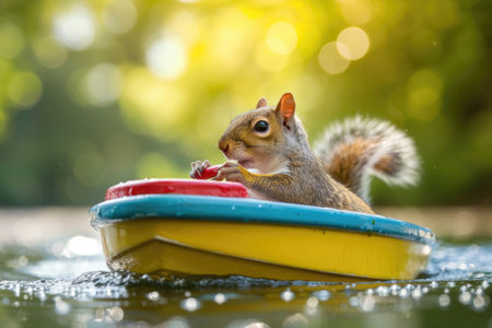 A joyful squirrel embarks on a summer boat adventure, paddling with glee.の素材