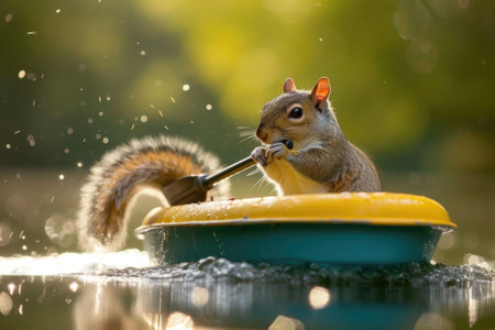 A joyful squirrel embarks on a summer boat adventure, paddling with glee.の素材