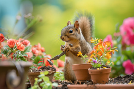 A joyful squirrel finds delight in tending to its garden during the blossoming days of springの素材