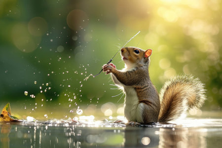 A lively squirrel enjoys a summer fishing expedition with a fishing rod in hand.の素材