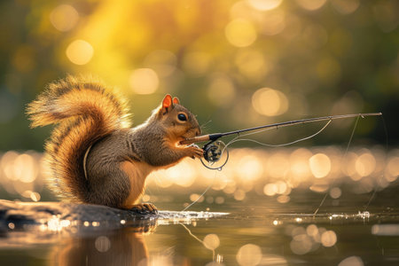 A lively squirrel enjoys a summer fishing expedition with a fishing rod in hand.の素材