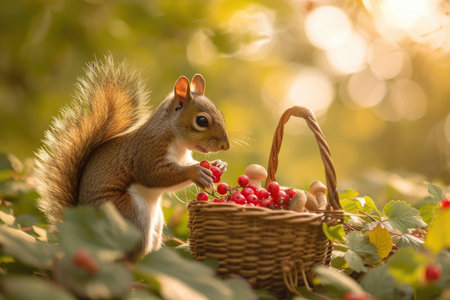A lively squirrel gathers an abundant harvest of berries and mushrooms on a sunny summer day.の素材