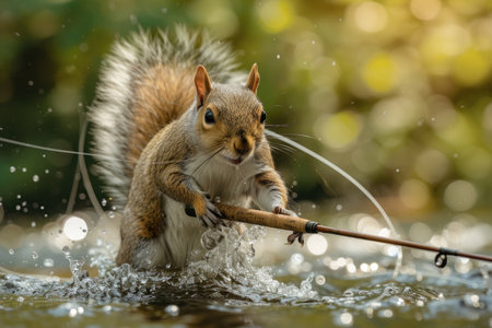 A lively squirrel enjoys a summer fishing expedition with a fishing rod in hand.の素材