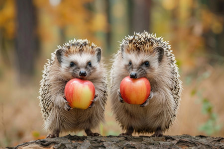 A hedgehog stands on its hind legs, holding an apple for Mrs. Hedgehogの素材