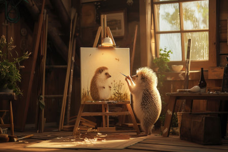 A talented hedgehog artist delicately paints a portrait of Mrs. Hedgehogの素材