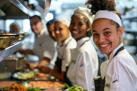 A talented team of young and smiling chefs come together for a culinary masterpieceの素材