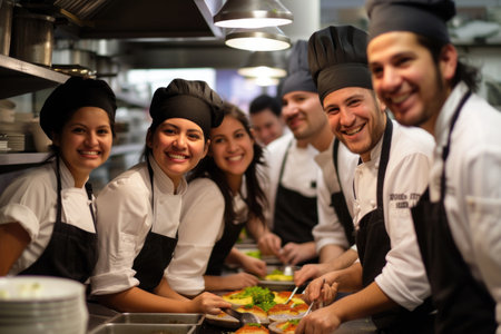 A talented team of young and smiling chefs come together for a culinary masterpieceの素材