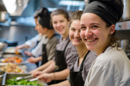 A talented team of young and smiling chefs come together for a culinary masterpieceの素材