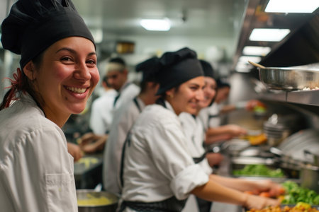A talented team of young and smiling chefs come together for a culinary masterpieceの素材