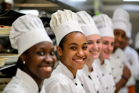 A talented team of young and smiling chefs come together for a culinary masterpieceの素材