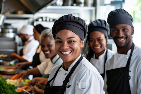 A talented team of young and smiling chefs come together for a culinary masterpieceの素材