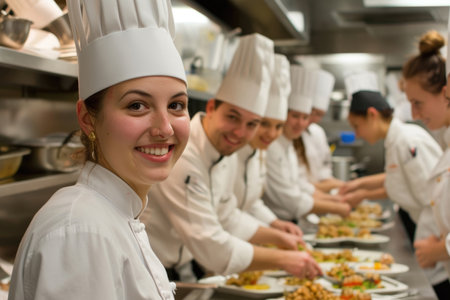 A dynamic team of young chefs showcase their culinary skills and contagious smilesの素材