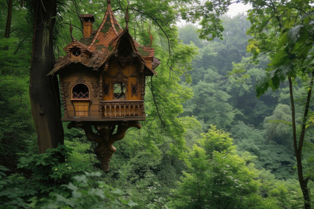 A fairy-tale-like scene featuring an enchanting wooden cottage with chicken legsの素材