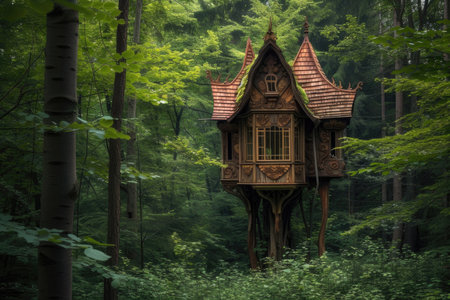 A fairy-tale-like scene featuring an enchanting wooden cottage with chicken legsの素材