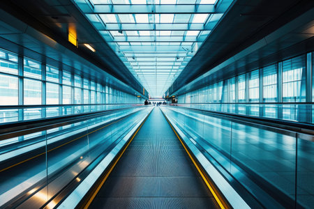 A high-speed walkway at the airport, disappearing into the distant horizonの素材