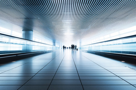 A high-speed walkway at the airport, disappearing into the distant horizonの素材