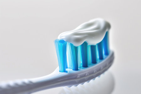 A toothbrush featuring toothpaste neatly squeezed onto its bristle headの素材