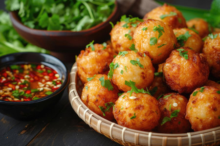 A mouthwatering dish featuring golden-brown fried fish ballsの素材
