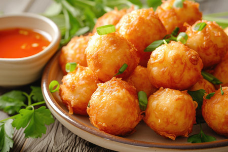 A mouthwatering dish featuring golden-brown fried fish ballsの素材
