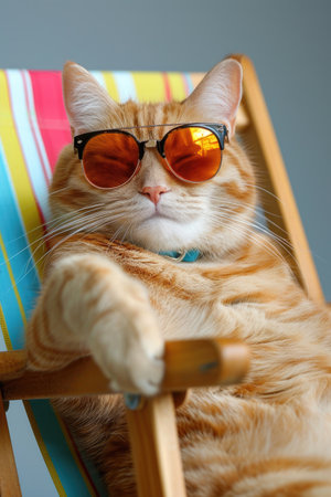 A whimsical, cartoon cat donning sunglasses, reclining on a deck chairの素材