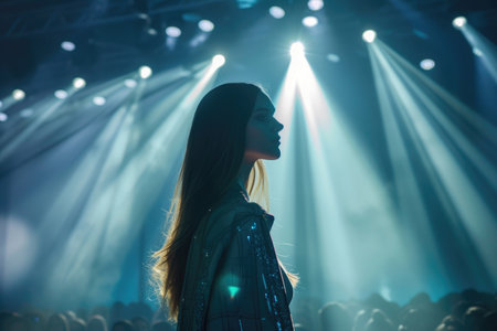 A spotlighted young woman steals the show at a fashion event, embodying beautyの素材