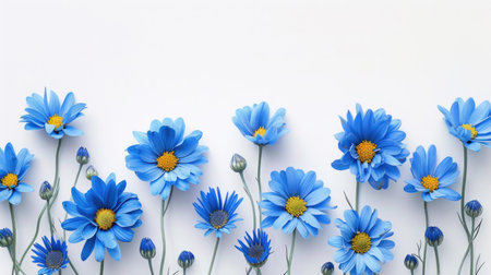 A graceful border of vibrant blue daisies on a pure white backgroundの素材
