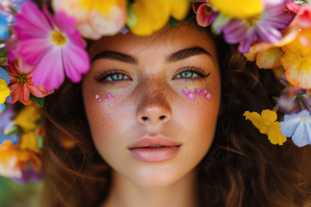 A young, beautiful woman with a flower crown, radiant skin, and vibrant makeupの素材