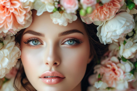 A young, beautiful woman with a flower crown, radiant skin, and vibrant makeupの素材