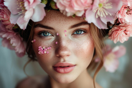 A young, beautiful woman with a flower crown, radiant skin, and vibrant makeupの素材