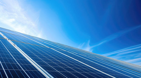 A high-efficiency solar panel installation against a backdrop of clear blue skiesの素材