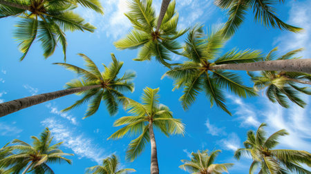 A breathtaking view looking upward at towering palm trees set against a pristine blue skyの素材