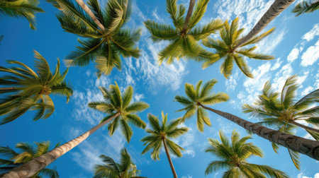A breathtaking view looking upward at towering palm trees set against a pristine blue skyの素材
