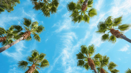 A breathtaking view looking upward at towering palm trees set against a pristine blue skyの素材