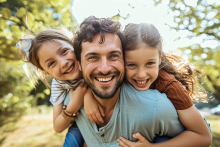 Happy father giving his children piggyback ridesの素材