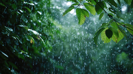 A refreshing downpour in the heart of the forest, bringing life and renewalの素材