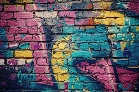 A graffiti-covered urban brick wall, showcasing vibrant street art and texturesの素材