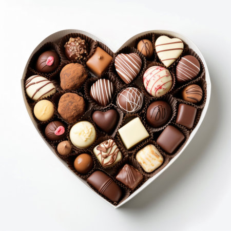 A heart-shaped box filled with an array of selectable chocolates a white backdropの素材