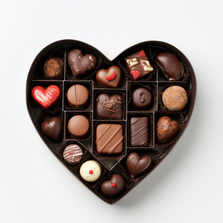 A heart-shaped box filled with an array of selectable chocolates a white backdropの素材