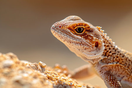 A striking close-up of a lizard in the sandy desert, showing nature's intricate detailsの素材