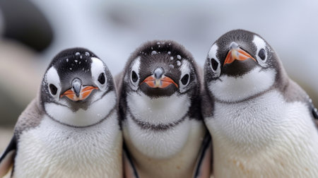 Three playful penguins with curious expressions as they gaze into the camera's lensの素材