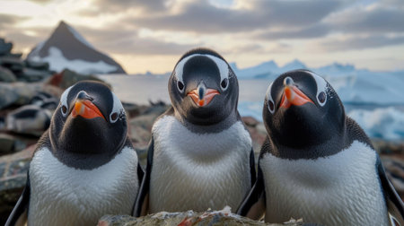 Three playful penguins with curious expressions as they gaze into the camera's lensの素材