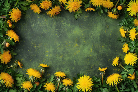 A rectangular frame composed of vibrant dandelion bloomsの素材